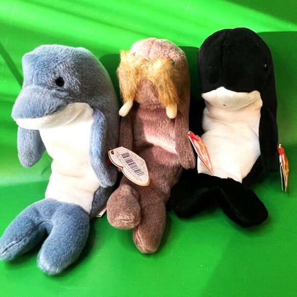 Ty Beanie Baby Lot of 6 Ocean Beanbag Plush Stuffed Animals Fish Walrus Crab 90s - Picture 2 of 15